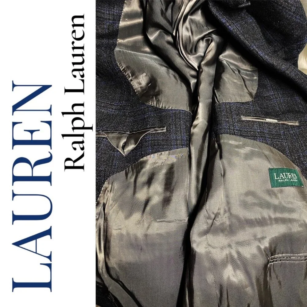 LAUREN RALPH LAUREN MEN’S 100% WOOL PLAID‎ BLAZER 2-BUTTON GRAY BLUE, SIZE 48R